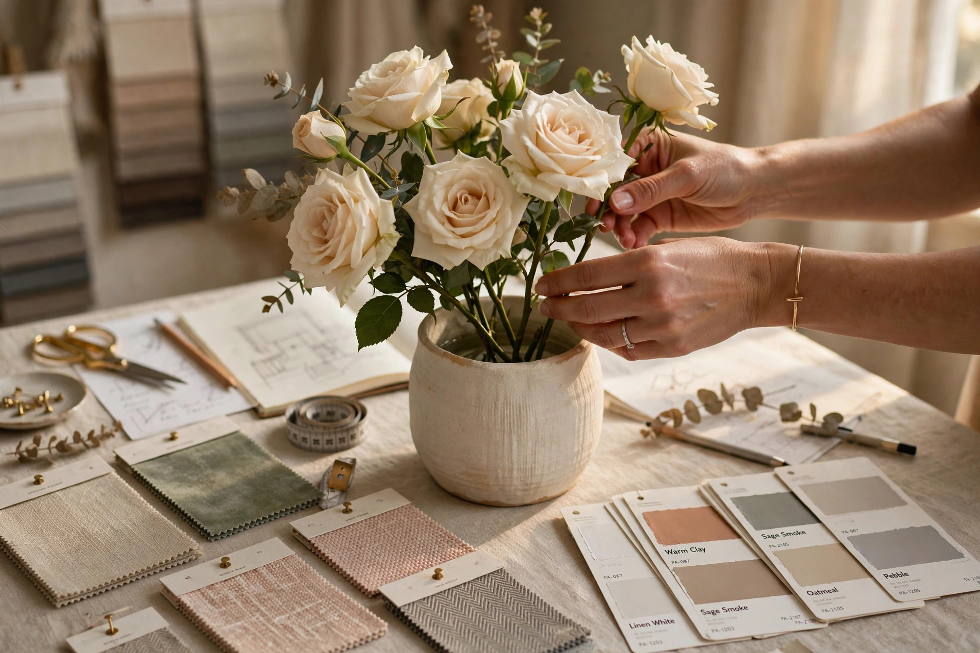 Designer details: fresh flowers, fabric swatches, and paint samples