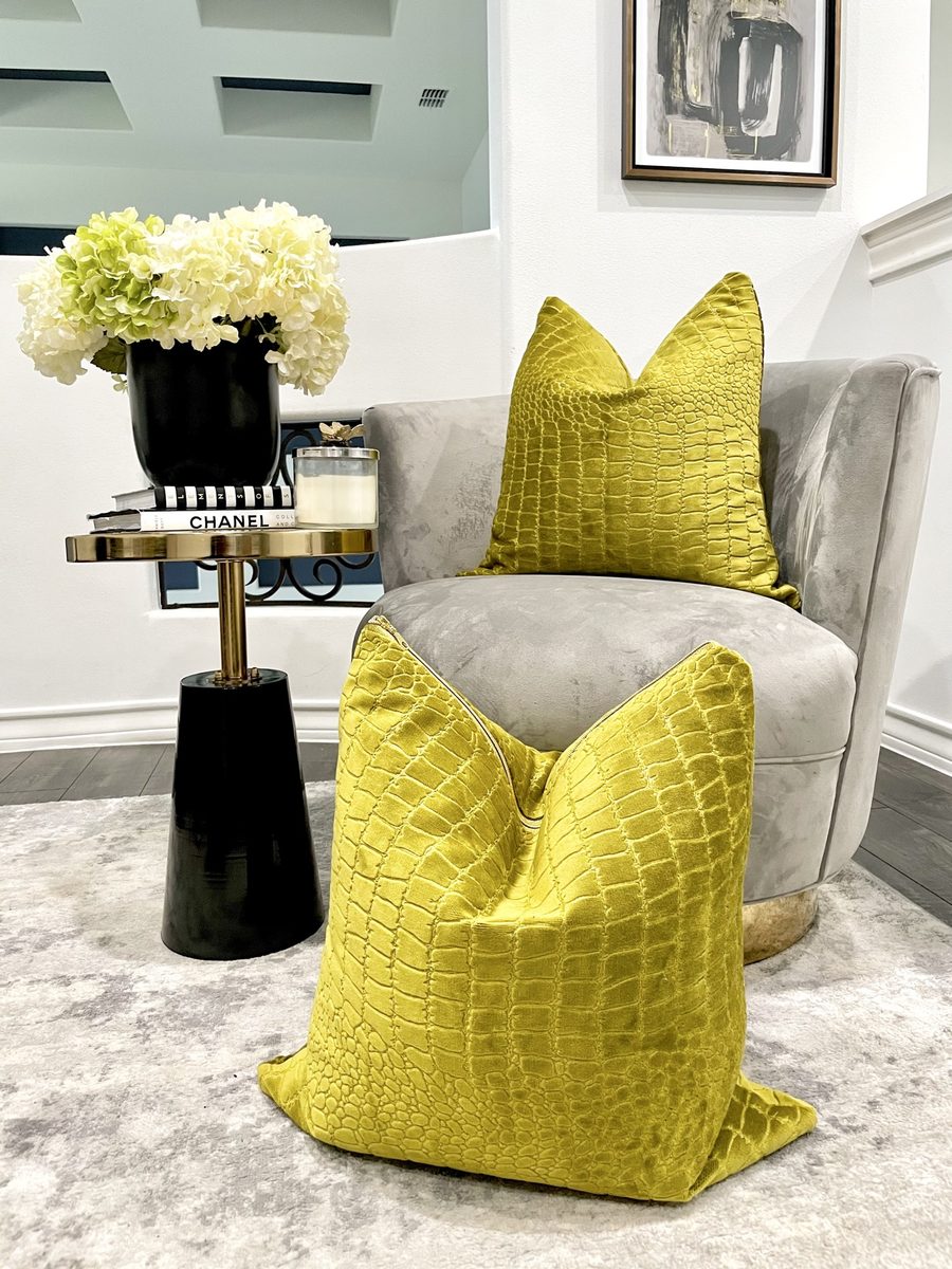 Chartreuse croc-textured pillows