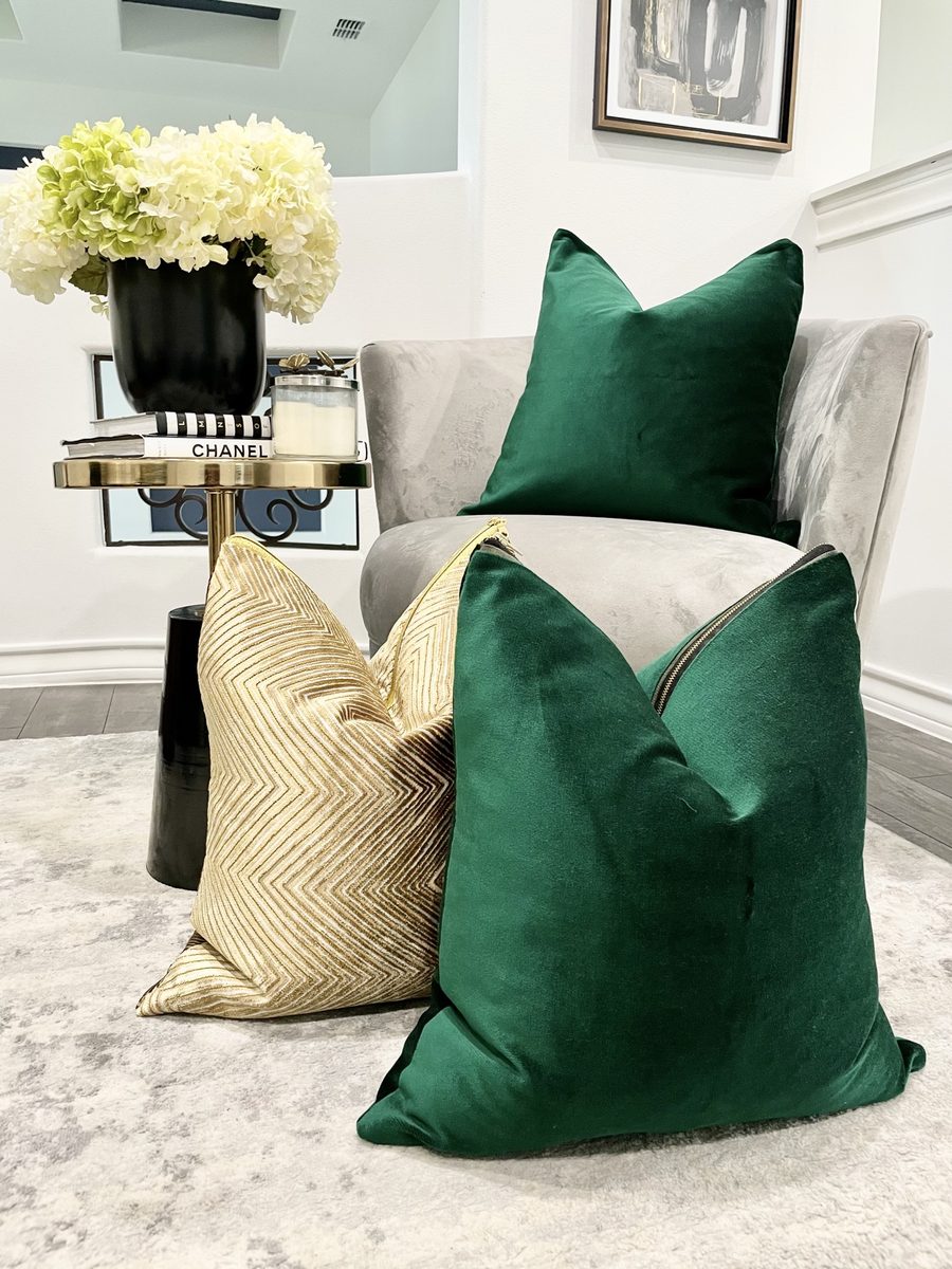 Emerald velvet and gold chevron pillow set