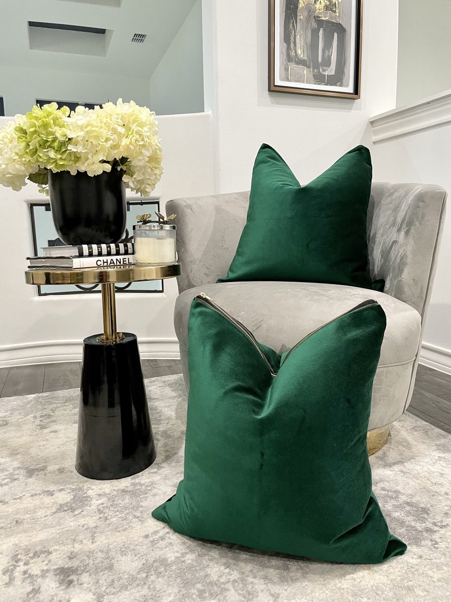 Emerald green velvet pillows