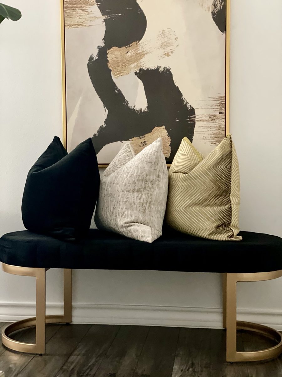 Black velvet, ivory texture and gold chevron pillow trio